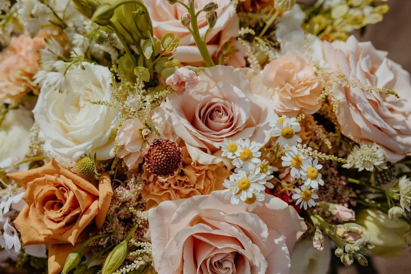 Flower Towne close-up of a bouquet of blush and cream roses with daisies