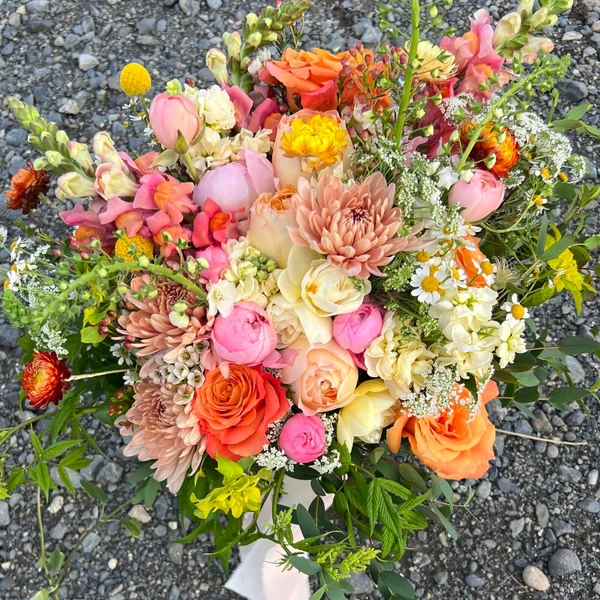 Flower Towne bright garden bouquet with dahlias, peonies and roses