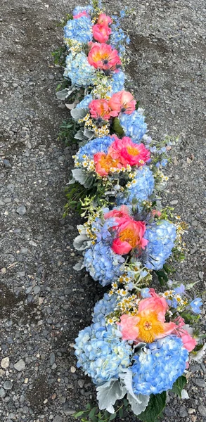 Flower Towne long floral runner of blue hydrangea and pink peonies