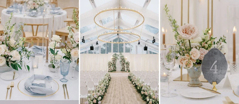 Conradie Event Design tented ceremony aisle lined with flowers, shown with table setting details