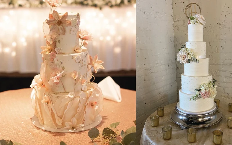 Sassie Cakes tiered wedding cakes, one with peach sugar flowers and one tall white cake with fresh blooms